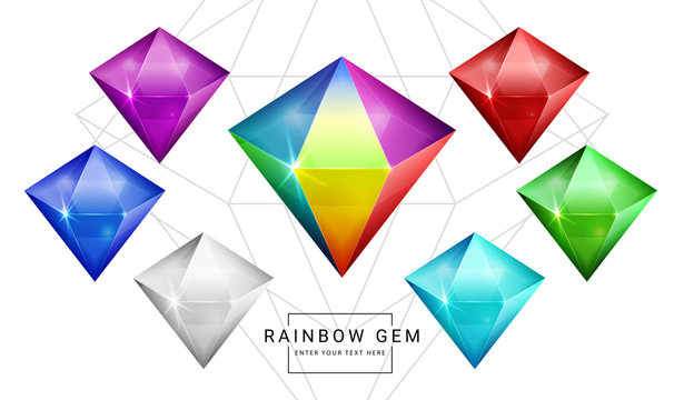 Set of rainbow color fantasy jewelry gems, polygon shape stone for game.
