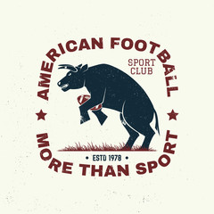 American football or rugby club badge. Vector. Concept for shirt, logo, print, stamp, patch. Vintage typography design with bull sportsman player with american football ball silhouette