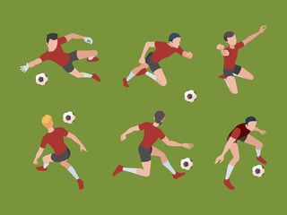 Soccer players. Sport characters football gamers in active poses goalkeeper vector isometric adults 3d people. Soccer characters with ball isometric, active different illustration