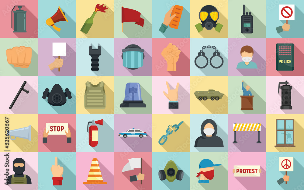 Aufkleber protest icons set. flat set of protest vector icons for web design