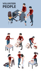 Fototapeta na wymiar Caring community. Help donation team volunteers people teamwork homeless poverty person vector isometric set. Volunteer care and help, social service for homeless aid illustration
