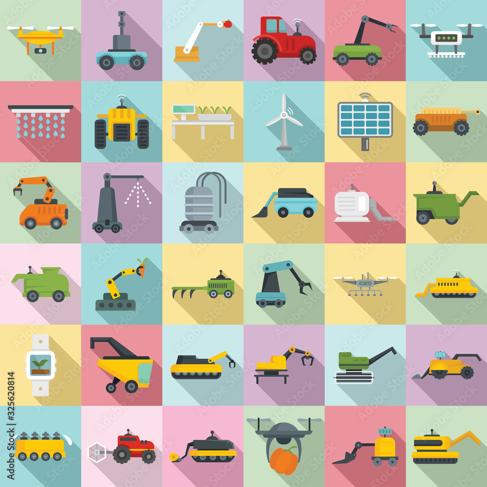 Poster farming robot icons set. flat set of farming robot vector icons for web design