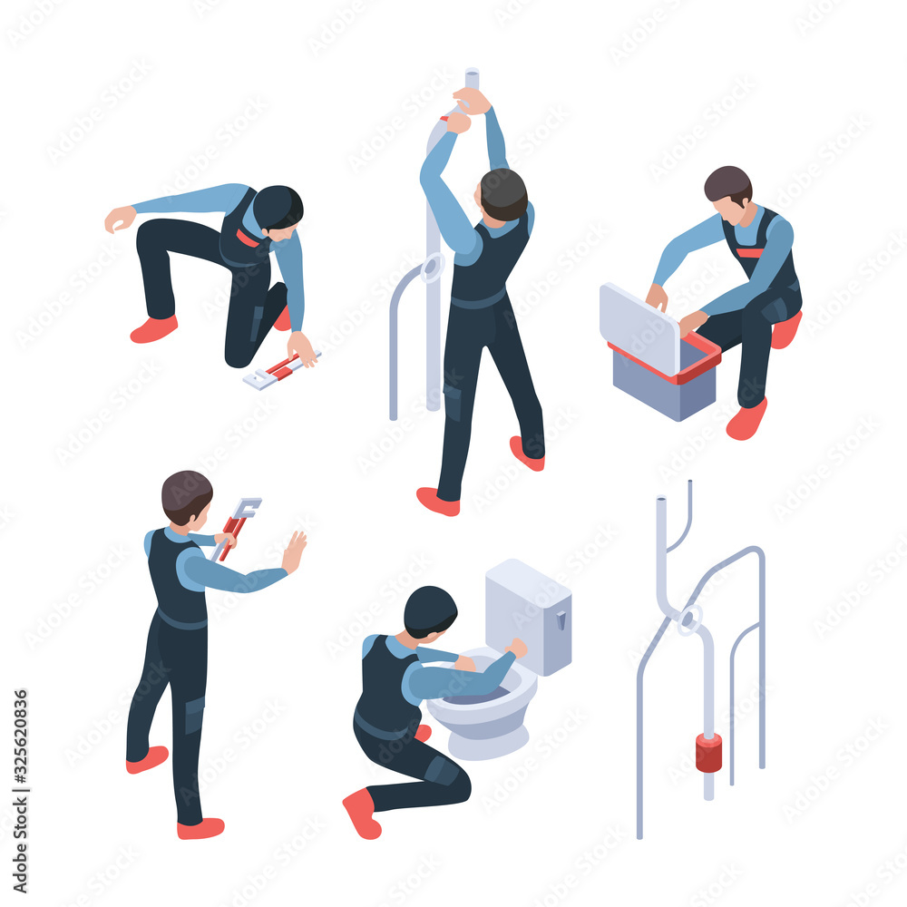 Sticker Plumber service isometric. Repair bathroom fixing washroom and toilet systems making pipeline vector illustration. Plumber isometric, toilet fixing