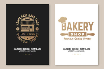 Set of Bakery shop badge. Vector Concept for badge, shirt, label, print, stamp, tee. Design with windmill, rolling pin, dough, wheat ears silhouette. For restaurant identity objects, packaging, menu