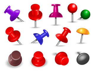 Red thumbtack. Office supplies for paper note push and attachments objects organize angle mount pin colored markers vector set. Thumbtack for office, pushpin attach collection illustration