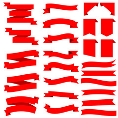 Obraz premium Flat vector ribbons banners isolated background. Ribbon red colored. Set ribbons or banners. Vector illustration.