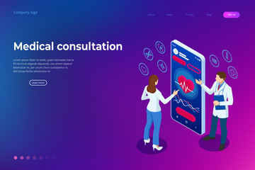 Isometric Online Medical Consultation. Health care Concept. Health Insurance, Online Prescription. Online diagnosis concept banner with characters.