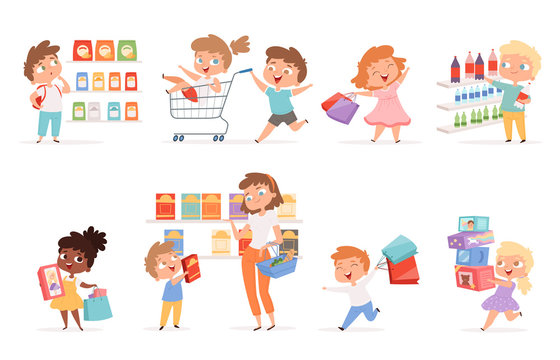 Grocery kids. Parents with children shopping purchase products and toys vector cartoon pictures. Woman with kid buy purchase, product shopping goods illustration