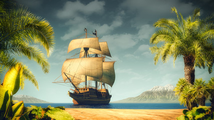 Pirates ship on the sea