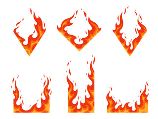 Vector set of fire frames. Burn hot, power heat, energy flammable illustration. Flame in the shape of a diamond and a rectangle for different design