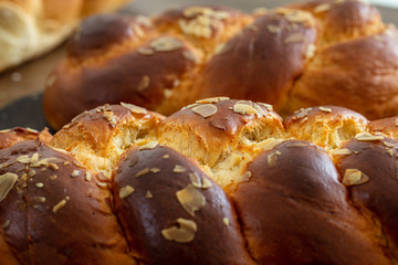 Easter greek tsoureki braid, sweet bread brioche background