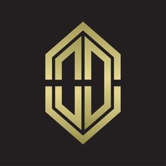 OD Logo monogram with hexagon shape and outline slice style with gold colors