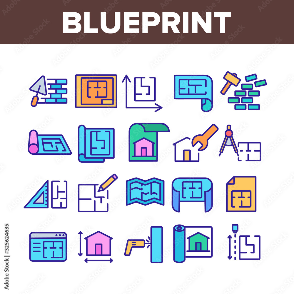 Poster blueprint architecture collection icons set vector. house project on blueprint, brick wall with cons