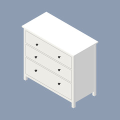 White wooden dresser with black knobs. Vector isometric illustration. 3D flat style vector illustration. 3-drawer chest in isometric isolated on blue grey background