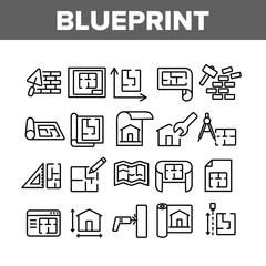 Blueprint Architecture Collection Icons Set Vector. House Project On Blueprint, Brick Wall With Construction Spatula, Hammer And Puncher Concept Linear Pictograms. Monochrome Contour Illustrations