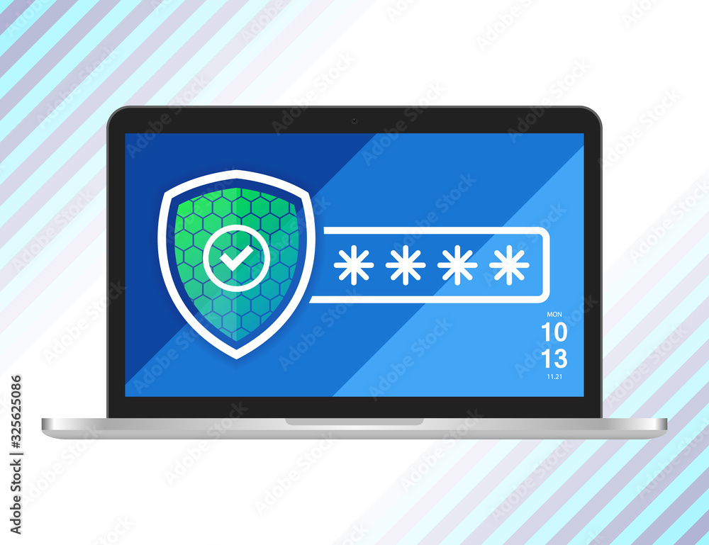 Poster laptop with password icon in flat style. computer access illustration vector