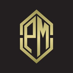 PM Logo monogram with hexagon shape and outline slice style with gold colors