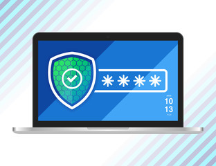 Laptop with password icon in flat style. Computer access illustration Vector