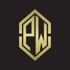PW Logo monogram with hexagon shape and outline slice style with gold colors