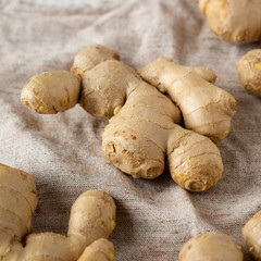 Raw Organic Ginger Root on cloth, side view. Close-up.