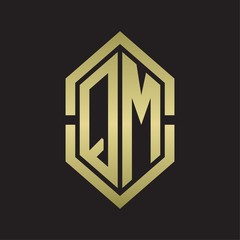 QM Logo monogram with hexagon shape and outline slice style with gold colors