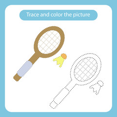 Racket and shuttlecock toy with simple shapes. Trace and color the picture.