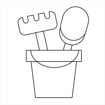recommend clip art: Coloring page outline of shovel and rake in a bucket toy. Vector illustration.