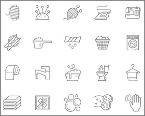 Set of household chores and housework Icons line style.  Contains such Icons as Cleaning, skein, knitting, pincushion, electric iron, sewing machine, spin-dry, laundry, toilet paper and other elements