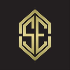 SE Logo monogram with hexagon shape and outline slice style with gold colors