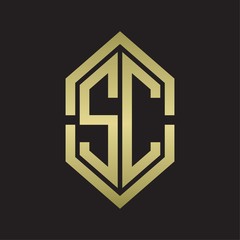 SC Logo monogram with hexagon shape and outline slice style with gold colors