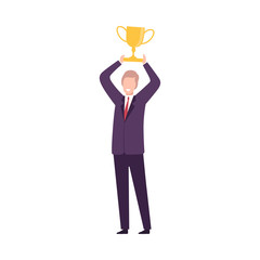 Businessman Celebrating Victory with Trophy Cup, Manager Character Dressed in Business Suit Flat Vector Illustration