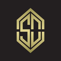 SO Logo monogram with hexagon shape and outline slice style with gold colors