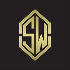SW Logo monogram with hexagon shape and outline slice style with gold colors
