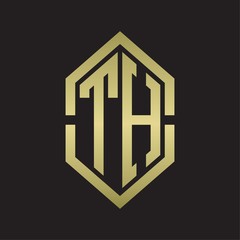 TH Logo monogram with hexagon shape and outline slice style with gold colors