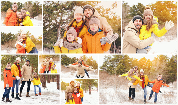 Collage Of Photos With Happy Family In Park On Winter Day