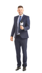 Male journalist with microphone on white background