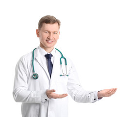 Male cardiologist showing something on white background