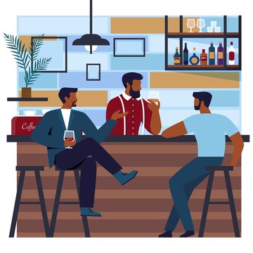 Flat Banner Club Beautiful and Well-groomed Men. Men Sit at the Bar in an Expensive Hair Salon and Drink Alcoholic Beverages. Bartender Pours Cocktails to Visitors. Vector Illustration.
