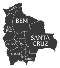 Fototapeta na wymiar Bolivia map with departments and labels black