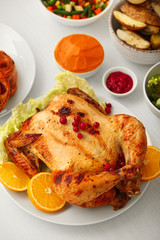 Tasty baked turkey for Thanksgiving day on table