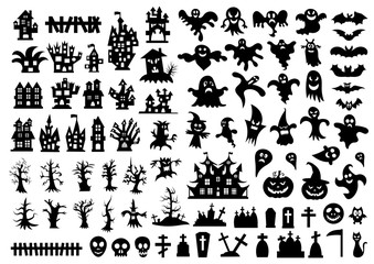 Set of silhouettes of Halloween on a white background. Vector illustration	