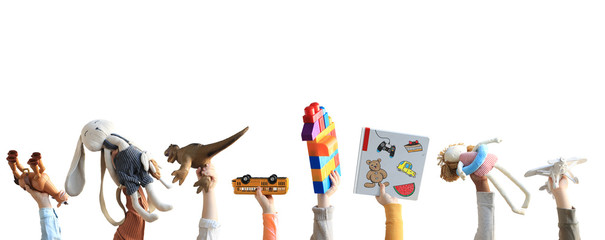 Children holding toys, concept of the childhood - obrazy, fototapety, plakaty