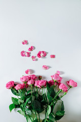 Pink roses lying on a white background. The background is filled with randomly scattered pink petals. Copy space