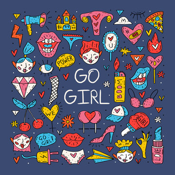 Go girl cute cartoon hand drawn doodle vector Funny colorful design. Isolated on dark background. Feminist symbols. Women's day. Women`s rights.