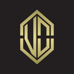 VO Logo monogram with hexagon shape and outline slice style with gold colors