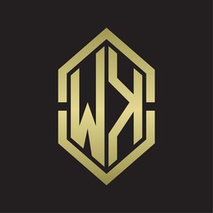 WK Logo monogram with hexagon shape and outline slice style with gold colors