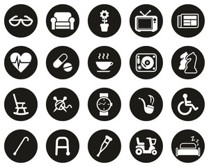 Senior People Icons White On White Flat Design Circle Set Big