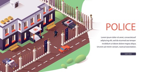 Website Police Service, Isometric Landing Web Page. Homepage Modern Police Station Building. Policeman Running to Police Car. Nameplates on Entrance. Red Car rides on Road. Vector Illustration