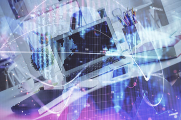 Multi exposure of business theme icons and work space with computer background. Concept of success.