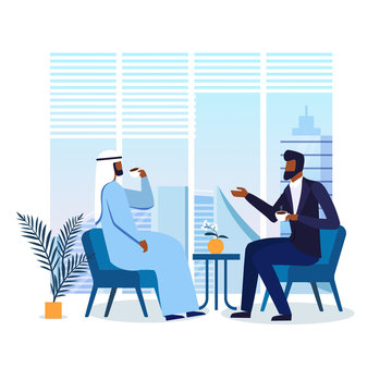 Business Lounge Zone Flat Vector Illustration. Successful Arab Businessmen Drinking Coffee Cartoon Characters. Friends Conversation, Meeting In Cafe. Colleagues On Lunch, Break From Work